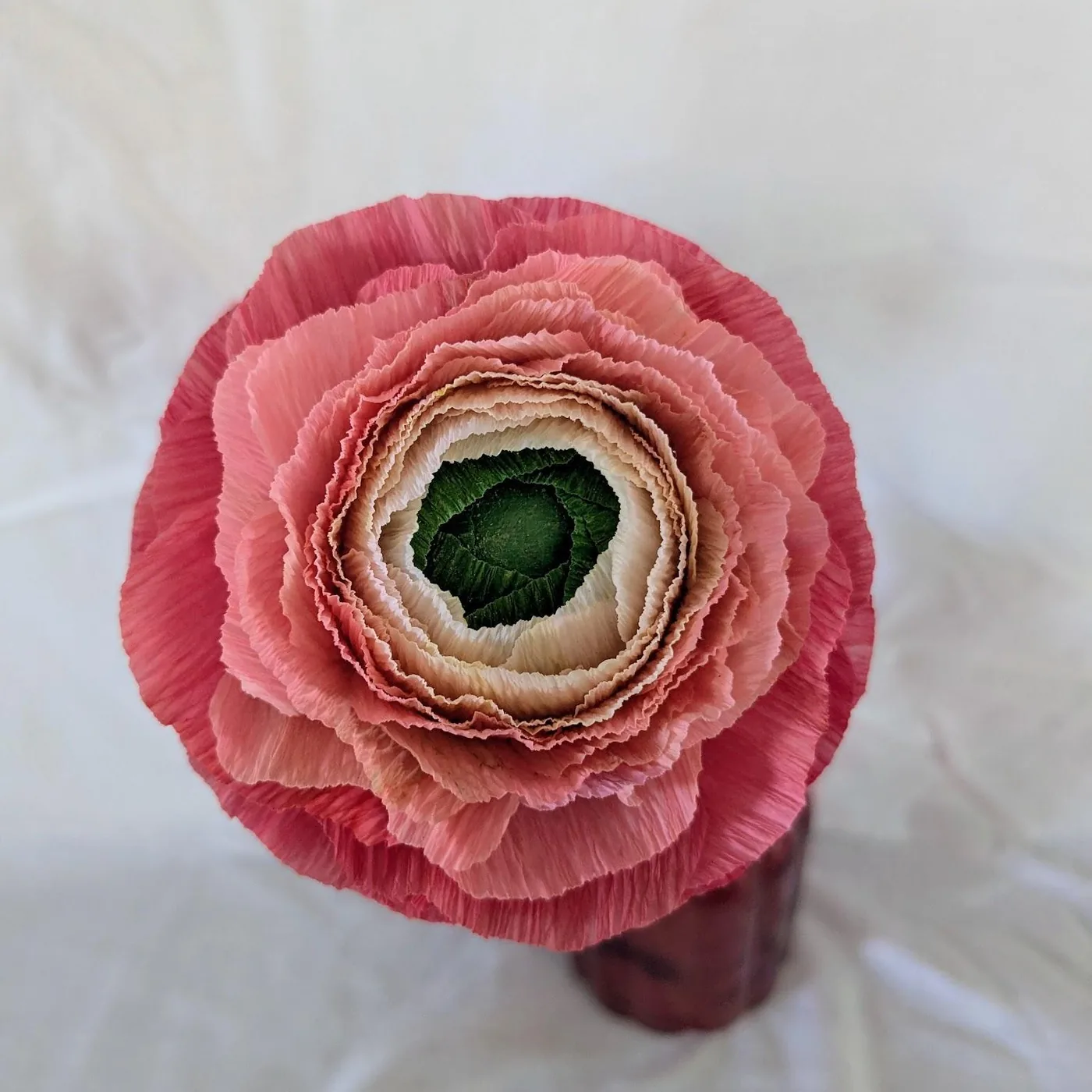 Renoncule en papier crépon vue de dessus, pétales roses dégradés autour d’un cœur vert